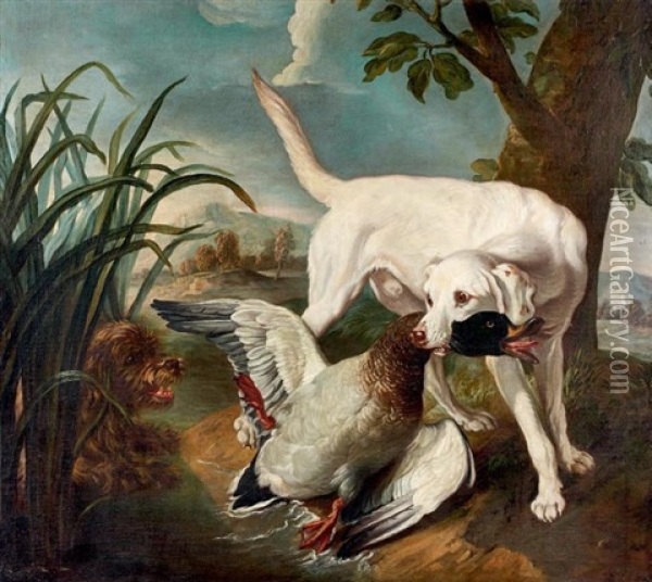Chiens Et Canard Oil Painting - Jean-Baptiste Oudry