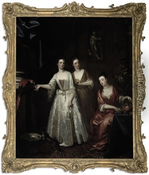 Portrait Of Three Ladies Attended By Their Servant, One Sister Feeding A Parrot, In An Interior Oil Painting - Enoch Seeman