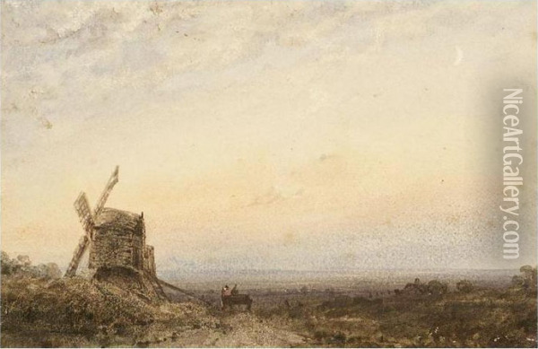 A Windmill In An Open Landscape Oil Painting - Claude Hayes