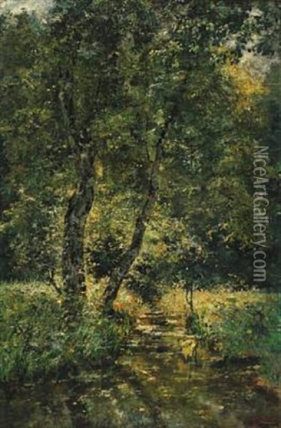 Summer Forest With Stream Oil Painting - Frans Jan Simons