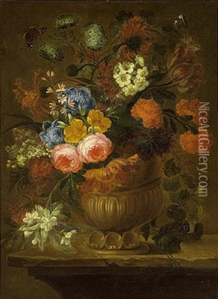 A Still Life With Cabbage Roses, Peonies, An Opium Poppy, Tulips, Snow Balls, Marigold And Other Flowers In A Sculpted Vase On A Wooden Table, Together With Butterflies Oil Painting - Jan-Baptiste Bosschaert