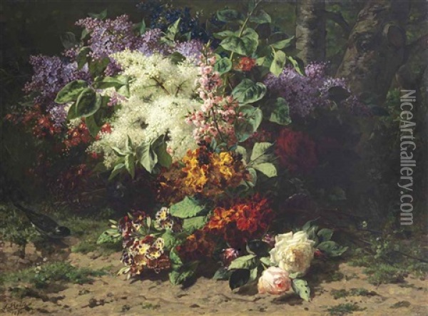 A Still Life Of Roses, Lilacs, Pansies, Primroses, Cherry Blossoms And A Bird In A Landscape Oil Painting - Jean-Baptiste Robie