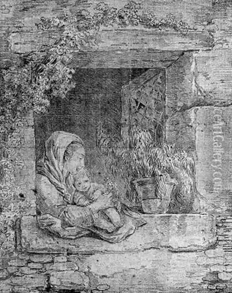 A mother and child embracing by a cottage window Oil Painting - Hubert Robert