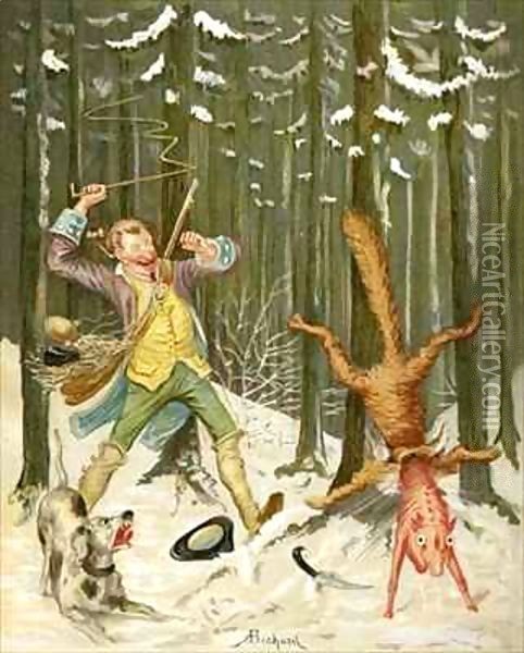 Baron Munchausen flogs a fox out of his skin Oil Painting - Alphonse Adolphe Bichard