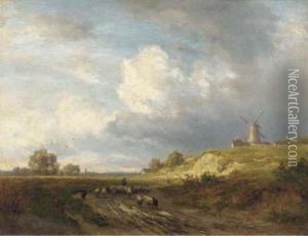 A Shepherd And Flock In A Dune Landscape Oil Painting - Philipp Roth