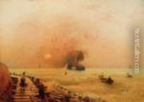Raddampfer Vor Kuste In Der Abendsonne Oil Painting - Andreas Achenbach