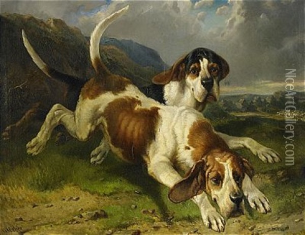 Hundar I Landskap Oil Painting - Carl Fredrik Kiorboe