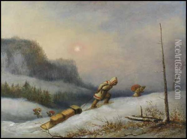 Indians On The Winter Trail Oil Painting - Cornelius Krieghoff