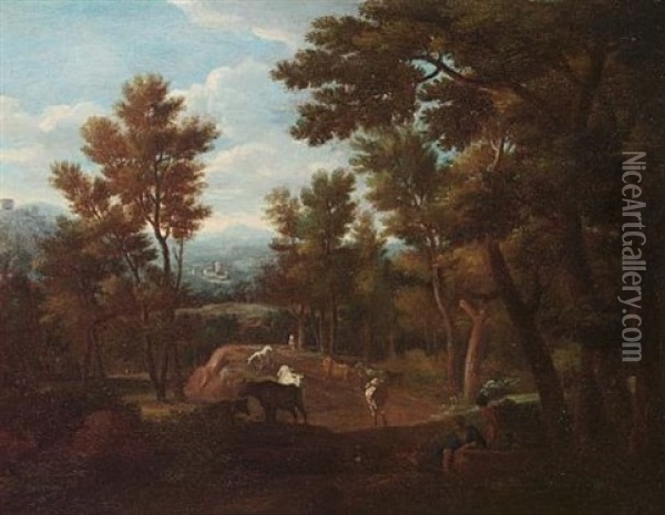 An Arcadian Landscape With A Drover And Cattle Oil Painting - Gaspard Dughet