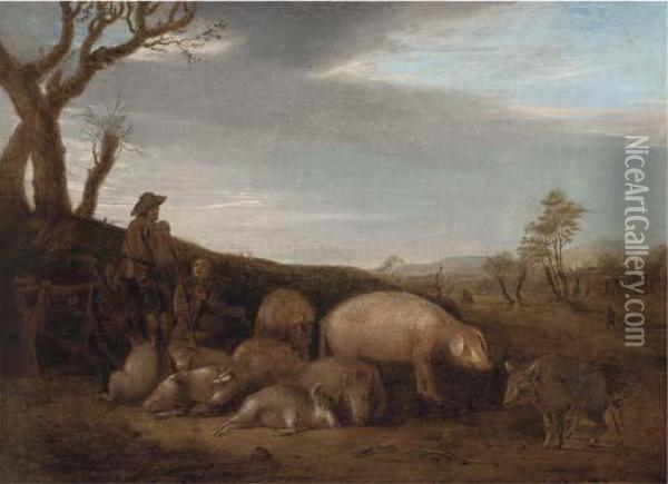 A Swineherd With Pigs In A Landscape Oil Painting - Paulus Potter