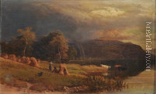 A Loch Landscape With Cattle And Figures Oil Painting - Sidney Richard Percy