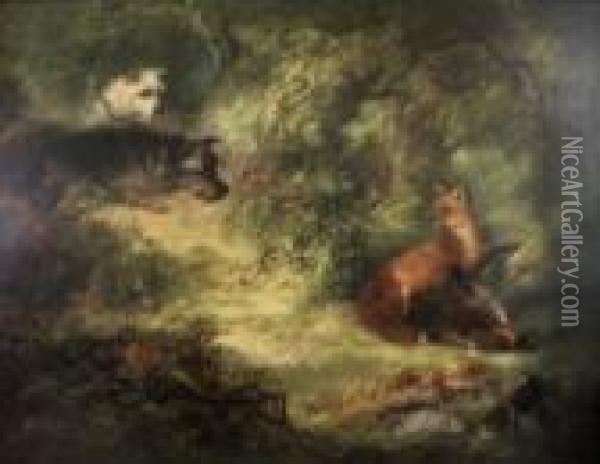 Caught Terriers Covering A Fox With Pheasant Oil Painting - George Armfield
