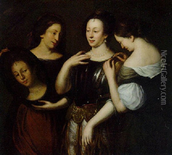 A Lady Donning A Breastplate With Maids In Attendance Oil Painting - Gerard de Lairesse