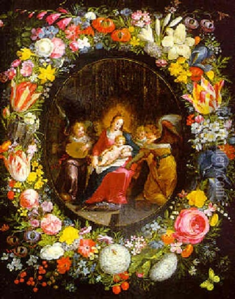 La Vierge Et L'enfant Entourees D'anges Et Musiciens Dans Une Couronne De Fleurs Oil Painting - Andries Daniels