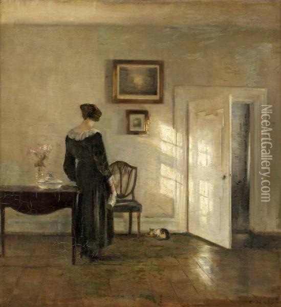 Kvinna Och Rosa Blombukett Oil Painting - Carl Vilhelm Holsoe
