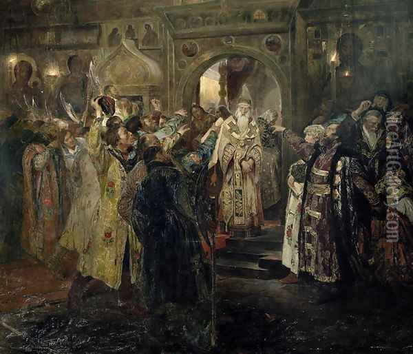 Arrest of the metropolitan Philip, 1910 Oil Painting - Sergey Timofeyevich Schelkovy