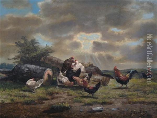 Chickens In A Landscape (+ Another; Pair) Oil Painting - George Lambert