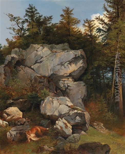 Fox With Its Prey In A Rocky Landscape Oil Painting - Carl Borromaeus Burde