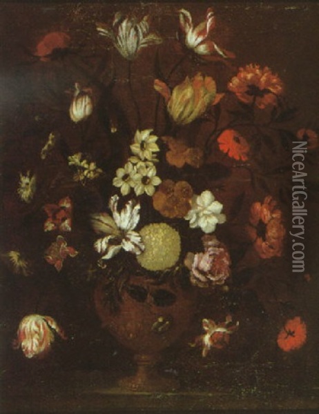A Still Life Of Parrot Tulips, Narcissi, A Poppy And Other Flowers In A Sculpted Bronze Vase On A Stone Ledge Oil Painting - Giacomo Recco