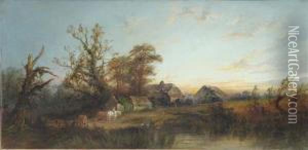 Summer Evening With Horses And Cottages Beside A River Oil Painting - Edward Partridge
