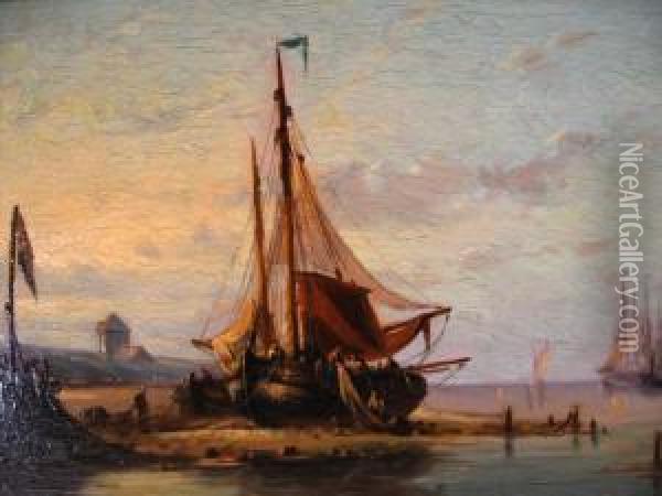 Unloading The Fishing Nets Oil Painting - Nicolaas Martinus Wijdoogen