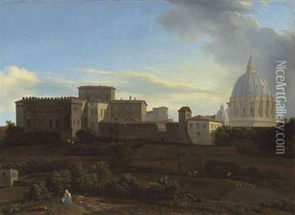 A View Of The Vatican, Rome, With The Sistine Chapel And St. Peter's Basilica (from The Janiculum) Oil Painting - Isaac de Moucheron