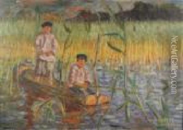 In The Cattails Oil Painting - Nikolai Petrovich Bogdanov-Belsky