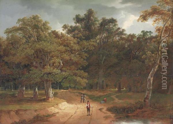 A Forest Landscape With Figures On The Path, A Woman Resting Beyond Oil Painting - James Arthur O'Connor