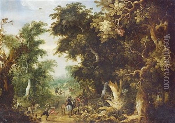 Soldiers And Bandits On A Wooded Track Oil Painting - Abraham Govaerts