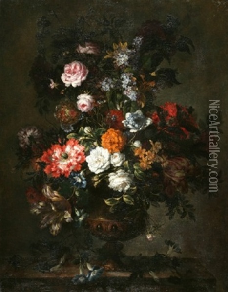 Vasque De Fleurs Sur Un Entablement Oil Painting - Jean-Baptiste Monnoyer