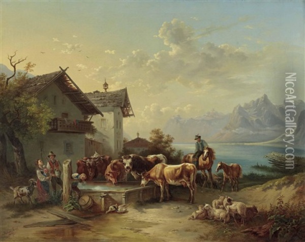An Der Tranke Oberhalb Eines Alpensees Oil Painting - Josef Khoor