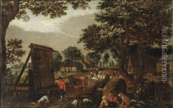 A Village View With A Muleteer And Shepherds On A Track Oil Painting - David Vinckboons