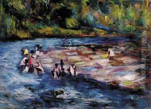 Washing Clothes In The River Oil Painting - John Oliphant