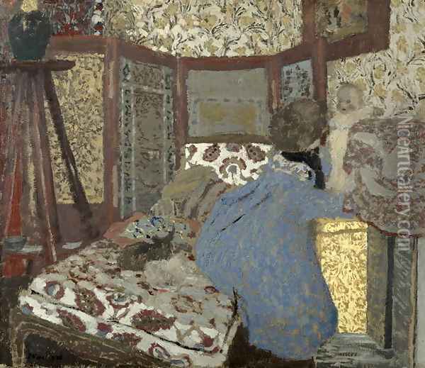 Woman in Blue with a Child, c.1899 Oil Painting - Jean-Edouard Vuillard