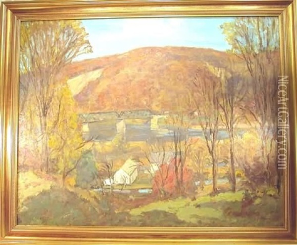 The Trestle Bridge In Autumn Oil Painting - C. Harry Allis