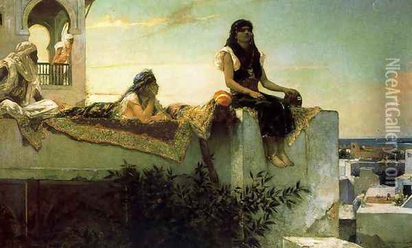 A terrace in Morocco, in the evening Oil Painting - Benjamin Jean Joseph Constant