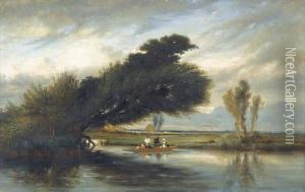 Flussuferpartie Mit Boot Und Figurenstaffage. Oil Painting - Camille Flers