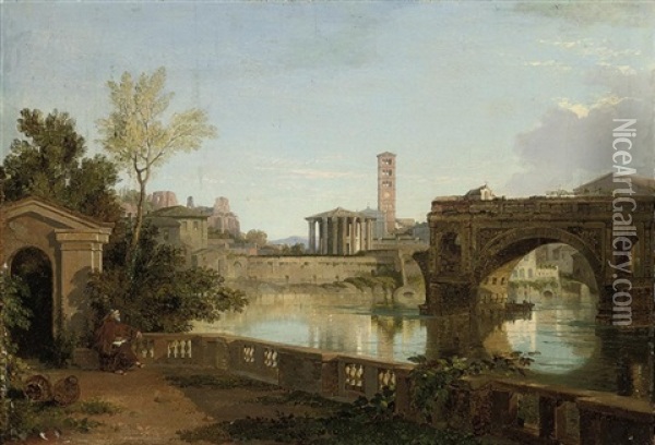 A View On The Tiber Looking Towards The Palantine Hill With Santa Maria In Cosmedin And The Temple Of Vesta Oil Painting - Penry Williams