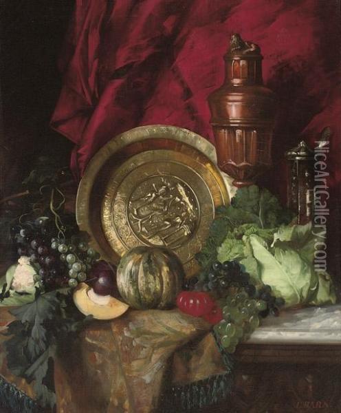 A Salver, A Copper Ewer, A Silver Vessel, A Cabbage, Grapes, Tomatoes, Melons On A Draped Table. Oil Painting - Leopold Bara
