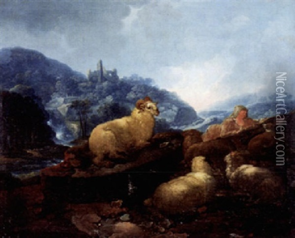 Landschaft Mit Schafen Und Hirtin Oil Painting - Johann Melchior Roos