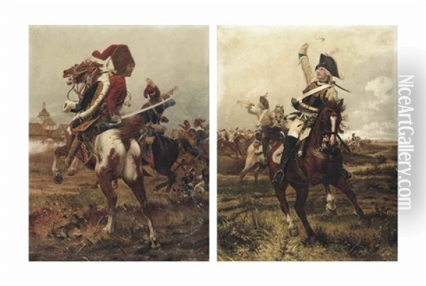 A Zieten Hussar In The Heart Of Battle; And A Cuirassier Leading The Charge (2 Works) Oil Painting - Woiciech (Aldabert) Ritter von Kossak