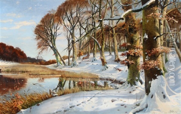 A Winter Day Near A Forest Lake Oil Painting - Sigvard Marius Hansen