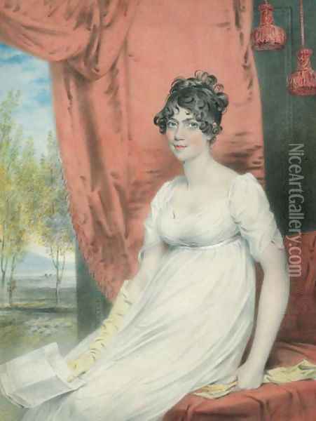 Portrait of (the younger) Miss Stuart of Albemarle Street, seated three-quarter-length, in a white dress with yellow gloves, holding a letter Oil Painting - John Downman
