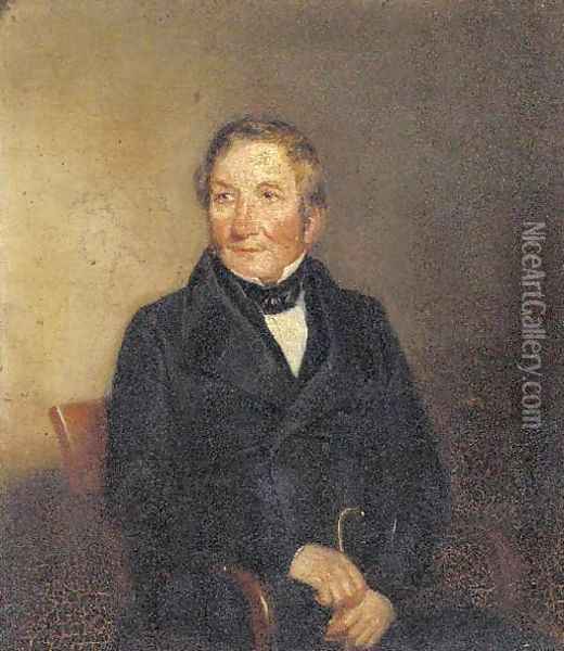 Portrait of gentleman, thought to be William Ewart Gladstone (1809-1898), small half-length, in a black suit, holding a cane Oil Painting - Daniel Maclise