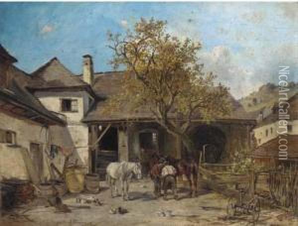 Shoeing The Horses Oil Painting - Ignaz Ellminger