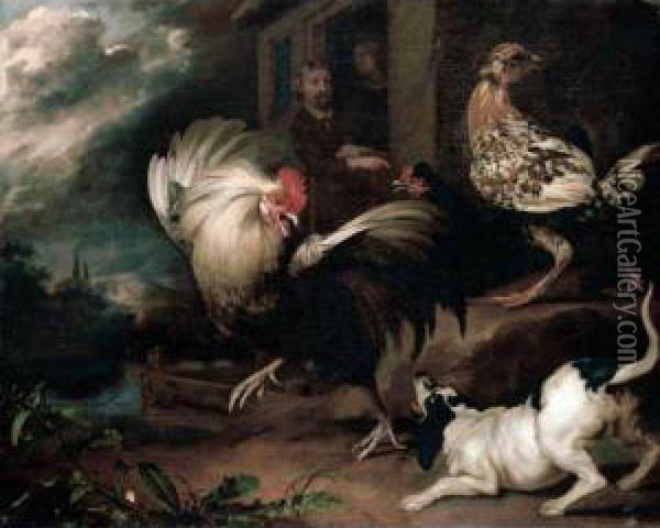 A Cock Baiting Scene Outside A Cottage Oil Painting - Simon Pietersz. Verelst