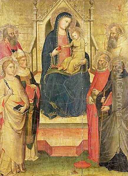 Madonna and Child Enthroned with St Apollonia St Mark a Bishop Saint St Jerome St Benedict and St Anthony of Padua Oil Painting - di Nardo Mariotto