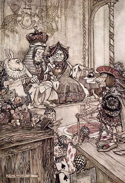 Knave before the King and Queen of Hearts, illustration to Alices Adventures in Wonderland by Lewis Carroll 1832-98 1907 Oil Painting - Arthur Rackham
