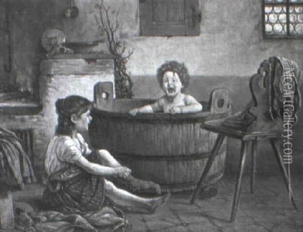 Giving The Child A Bath Oil Painting - William S. Rose