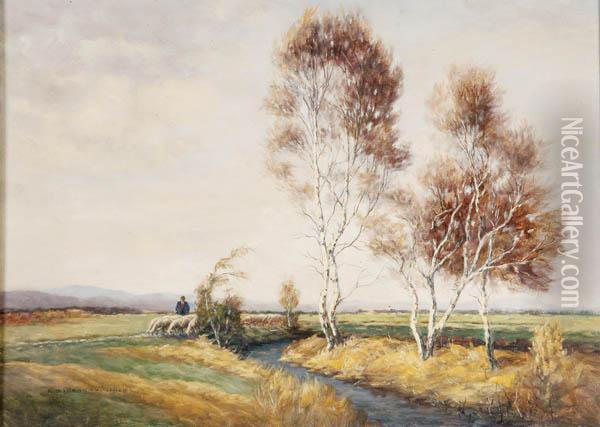 Shepherd In An Impressionistic Landscape Oil Painting - Ernst Haymann